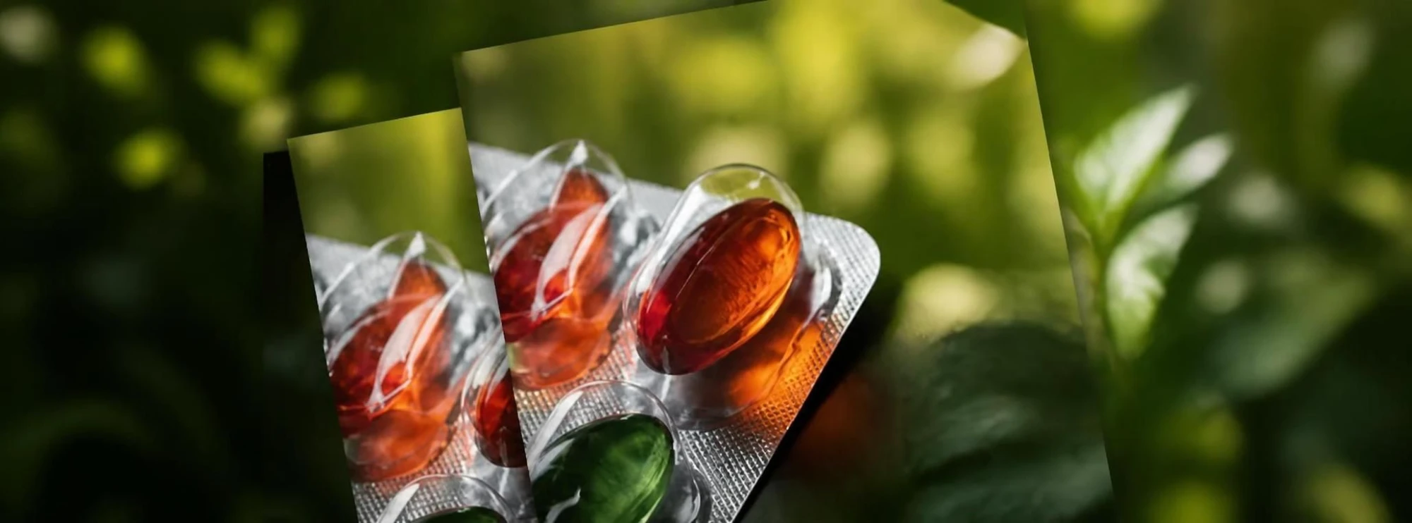 Close-up of supplement capsules in blister packaging against green leaves